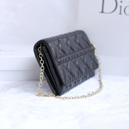 Dior Sheepskin Leather Long Leather Wallet with chain 1078 Black