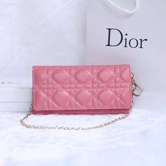 Dior Sheepskin Leather Long Leather Wallet with chain 1078 Pink