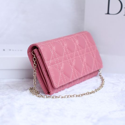 Dior Sheepskin Leather Long Leather Wallet with chain 1078 Pink