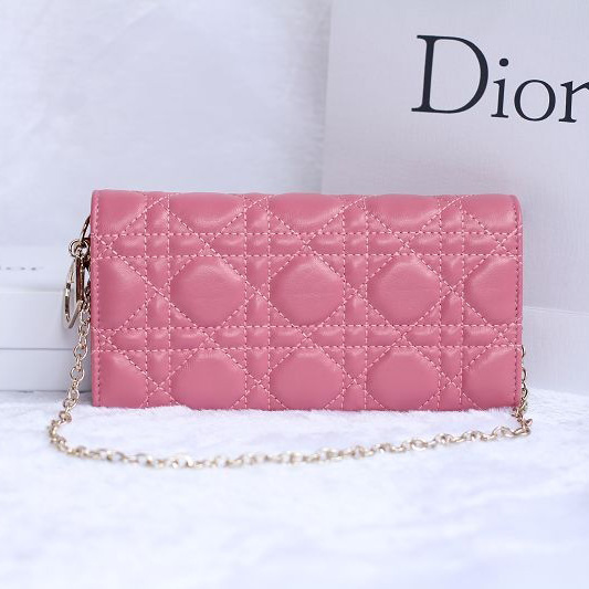 Dior Sheepskin Leather Long Leather Wallet with chain 1078 Pink