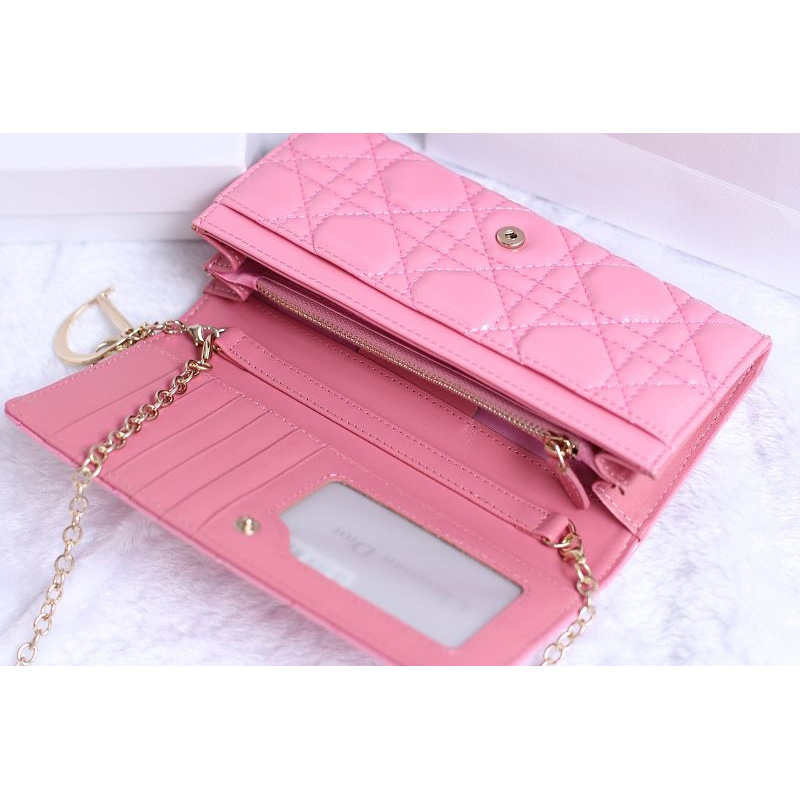 Dior Sheepskin Leather Long Leather Wallet with chain 1078 Pink