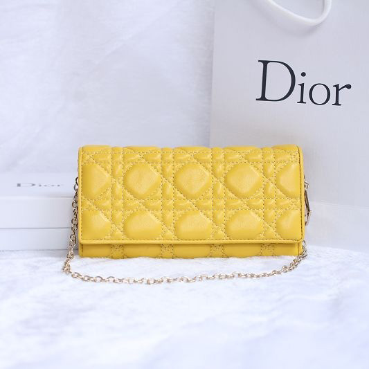 Dior Sheepskin Leather Long Leather Wallet with chain 1078 Yellow