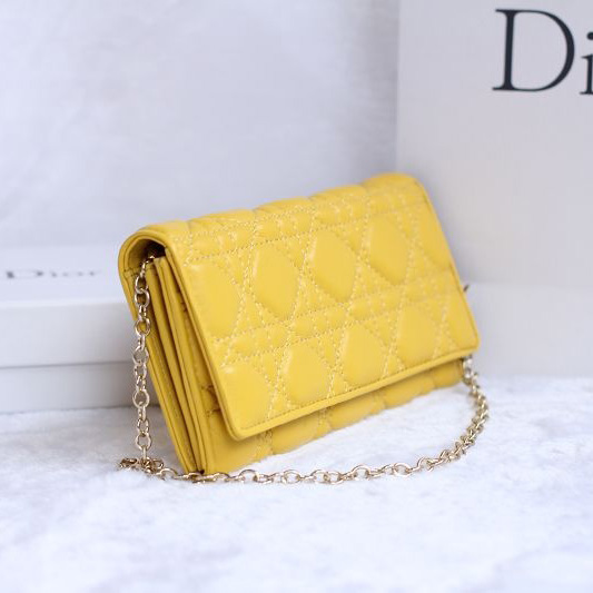 Dior Sheepskin Leather Long Leather Wallet with chain 1078 Yellow