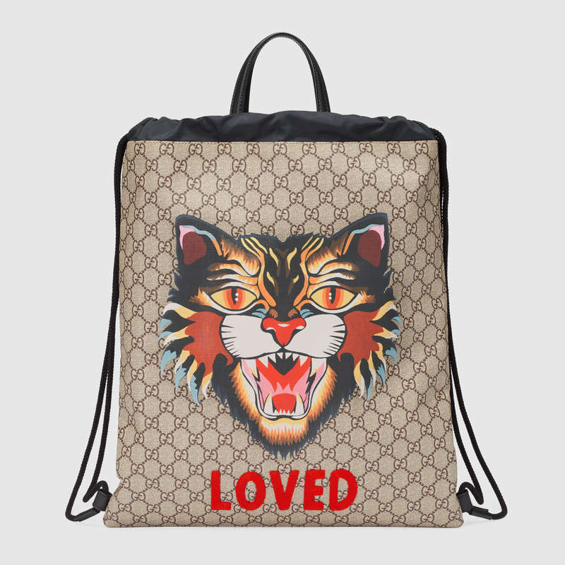 Gucci Angry Cat print soft GG Supreme drawstring backpack 473872 9AV2T 8652