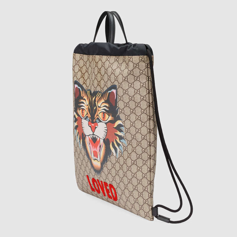 Gucci Angry Cat print soft GG Supreme drawstring backpack 473872 9AV2T 8652