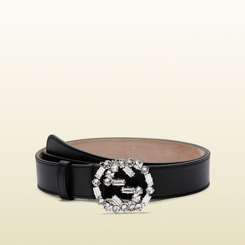 Gucci black leather belt with crystal interlocking g buckle 354381 AP00K 1000