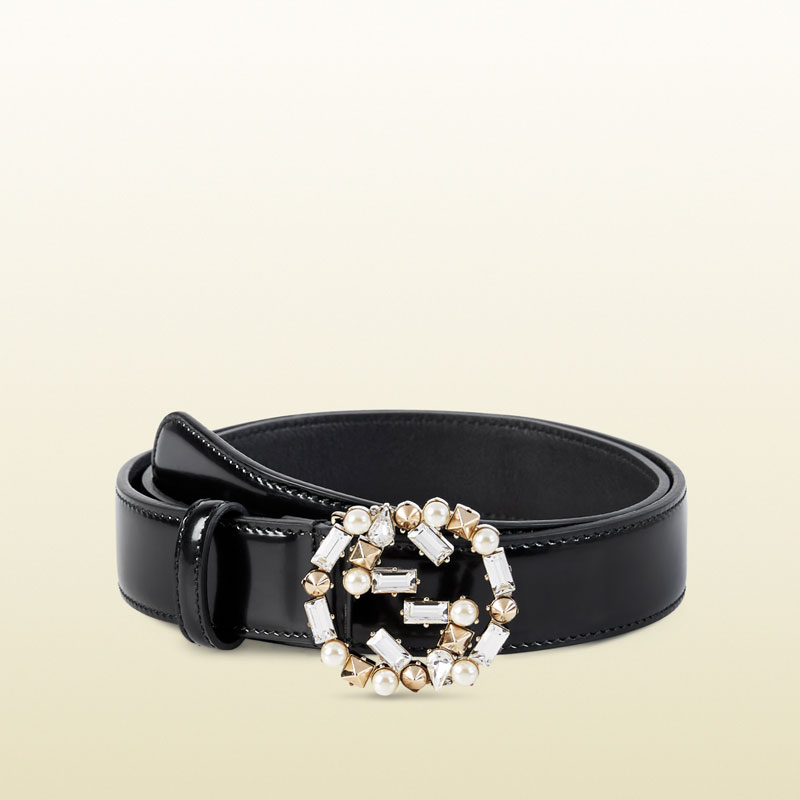 Gucci leather belt with pearl and crystal interlocking G buckle 388989 DKE1G 1095