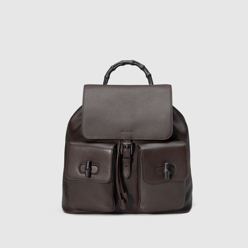 Gucci men leather backpack with bamboo details