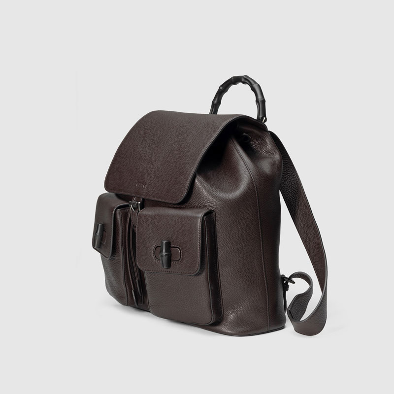 Gucci men leather backpack with bamboo details