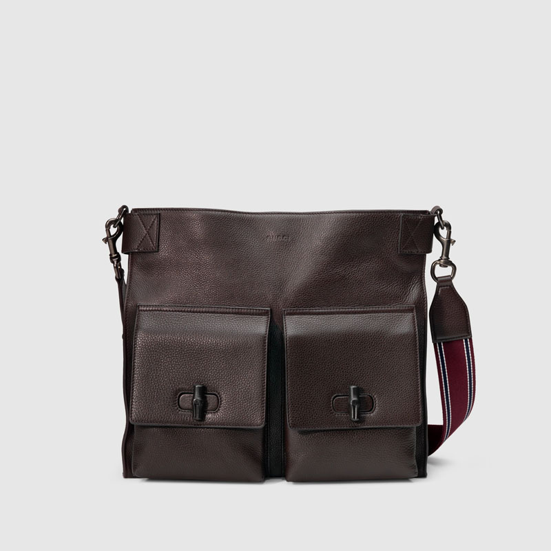 Gucci men leather messenger bag with bamboo details