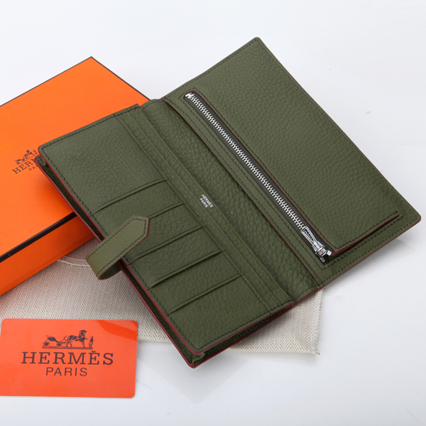 Hermes Bearn Japonaise Bi-Fold Wallet Original Clemence Leather A208 Dark Green