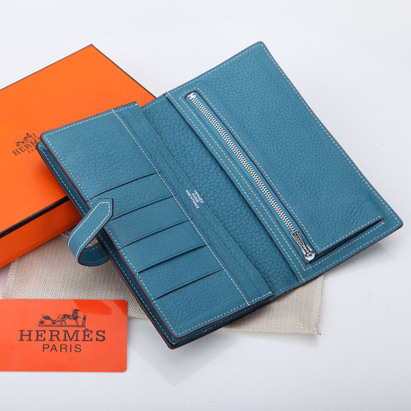 Hermes Bearn Japonaise Bi-Fold Wallet Original Clemence Leather A208 Medium Blue