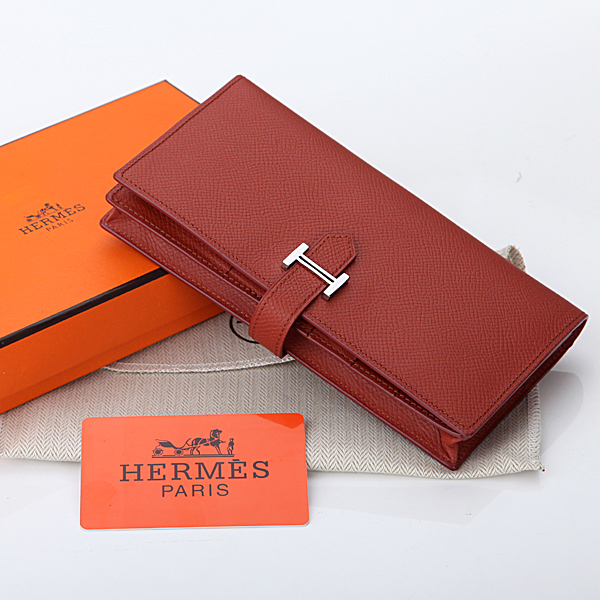 Hermes Bearn Japonaise Bi-Fold Wallet Original Saffiano Leather A208 Red brown