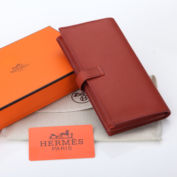 Hermes Bearn Japonaise Bi-Fold Wallet Original Saffiano Leather A208 Red brown