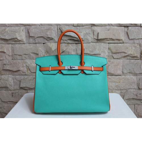 Hermes Birkin 35CM Tote Bag Calf Leather Lake Blue&Orange with Silver hardware