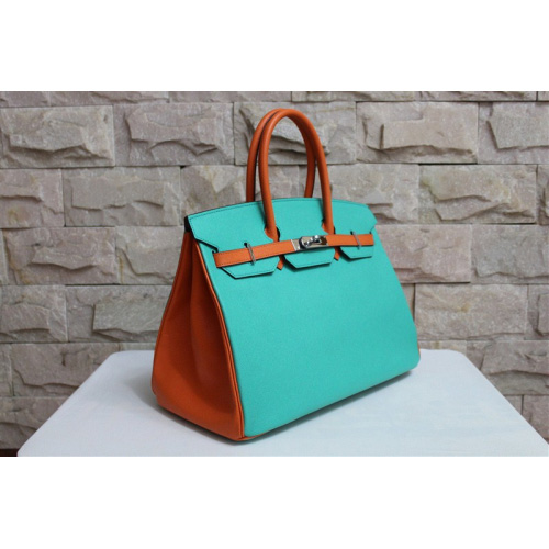 Hermes Birkin 35CM Tote Bag Calf Leather Lake Blue&Orange with Silver hardware