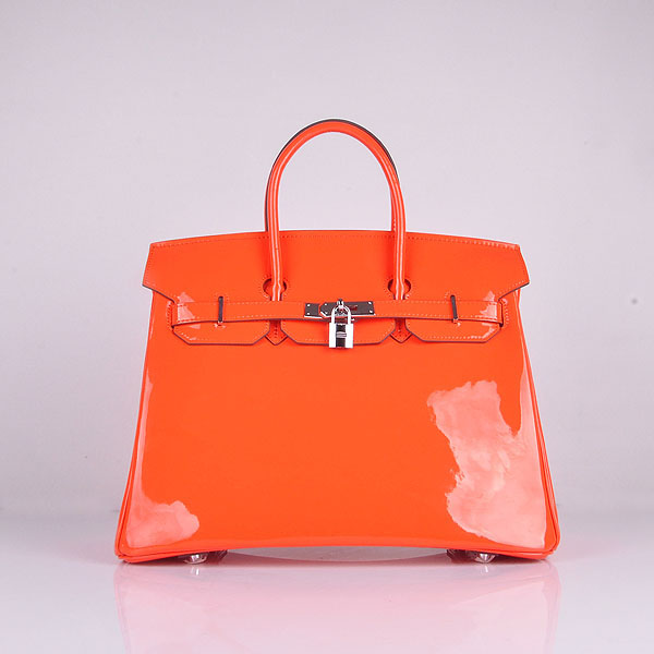 Hermes Birkin 35CM Tote Bag Orange Patent Leather H35 Silver hardware