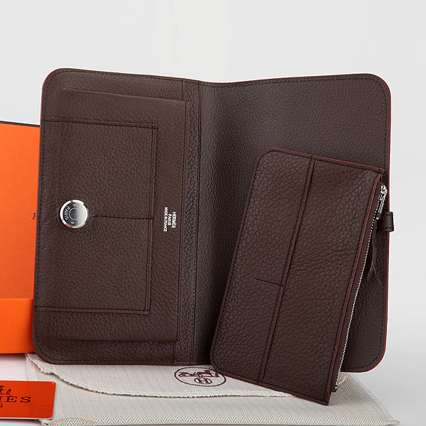 Hermes Dogon Combined Wallet Original Clemence leather A508 Dark Coffee