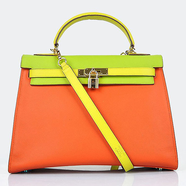 Hermes Kelly 32cm Togo Leather Bag Green-Orange-Yellow with Gold hardware