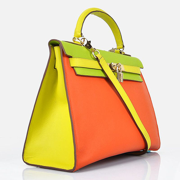 Hermes Kelly 32cm Togo Leather Bag Green-Orange-Yellow with Gold hardware