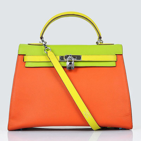 Hermes Kelly 32cm Togo Leather Bag Green-Orange-Yellow with Silver hardware