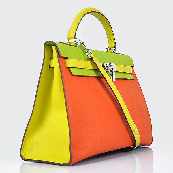 Hermes Kelly 32cm Togo Leather Bag Green-Orange-Yellow with Silver hardware