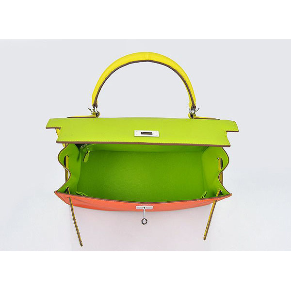 Hermes Kelly 32cm Togo Leather Bag Green-Orange-Yellow with Silver hardware