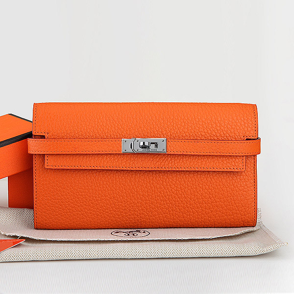 Hermes Kelly Original Clemence Leather Bi-Fold Wallet A708 Orange