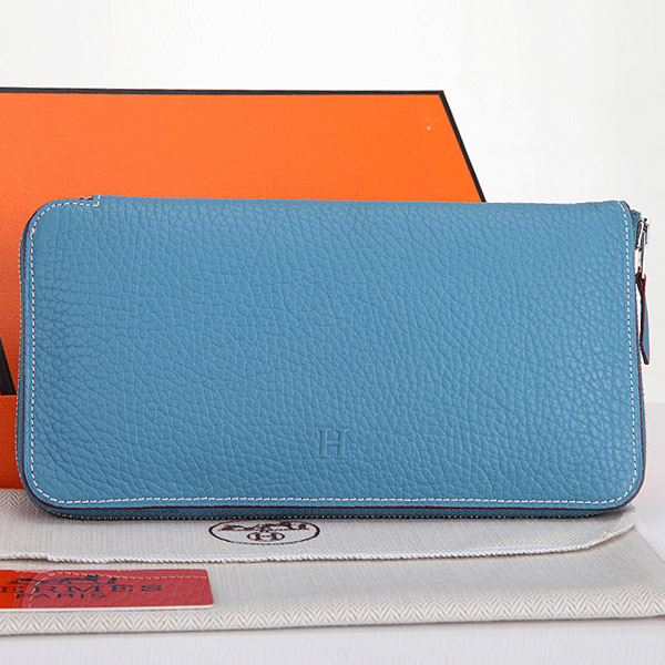 Hermes Zipper Wallet Original Clemence Leather A309 Light Blue