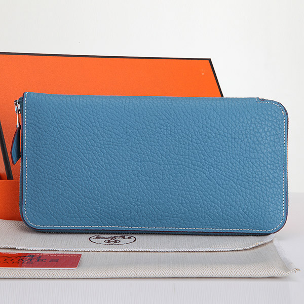 Hermes Zipper Wallet Original Clemence Leather A309 Light Blue