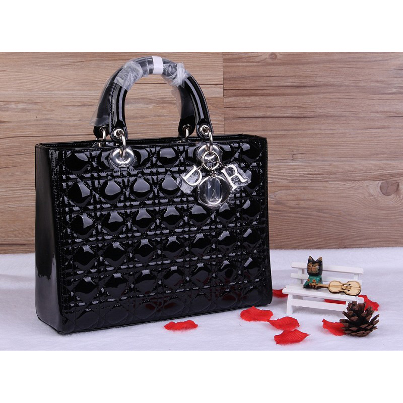 Lady Dior Bag Medium Bag D1667 Black Patent Leather Silver