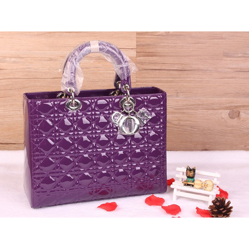 Lady Dior Bag Medium Bag D1667 DarkPurple Patent Leather Silver