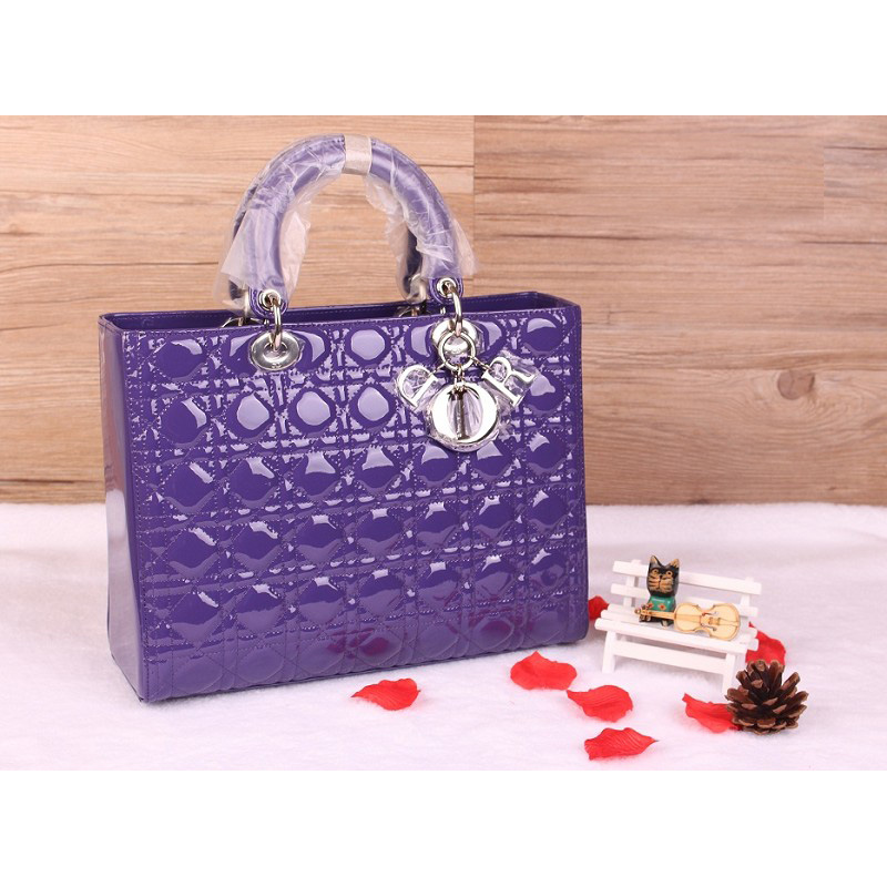 Lady Dior Bag Medium Bag D1667 LightPurple Patent Leather Silver