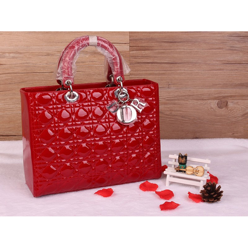 Lady Dior Bag Medium Bag D1667 Red Patent Leather Silver