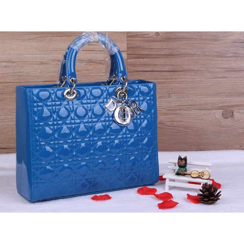 Lady Dior Bag Medium Bag D1667 Skyblue Patent Leather Silver