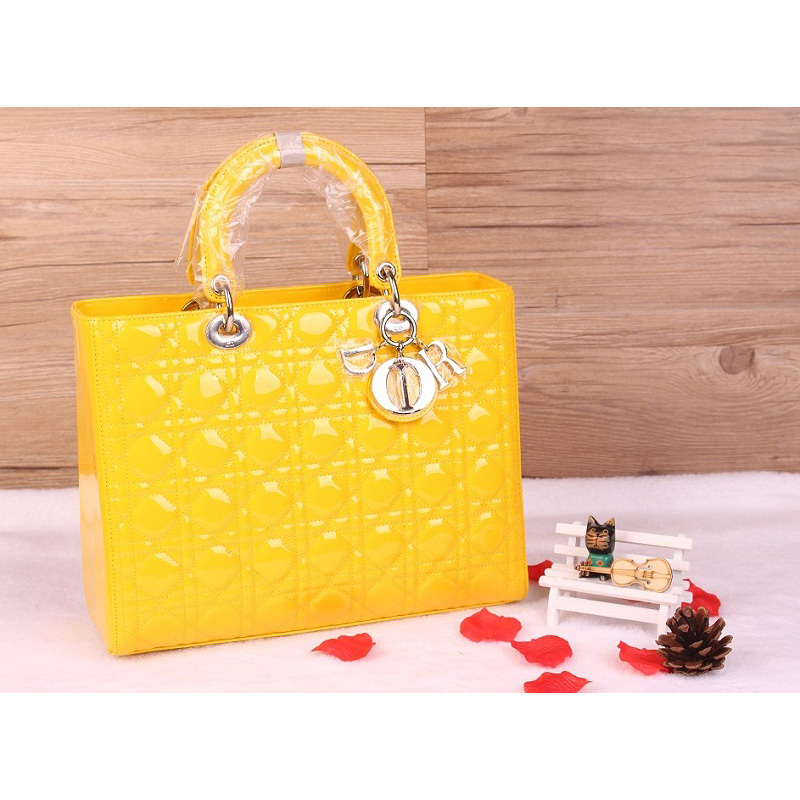 Lady Dior Bag Medium Bag D1667 Yellow Patent Leather Silver