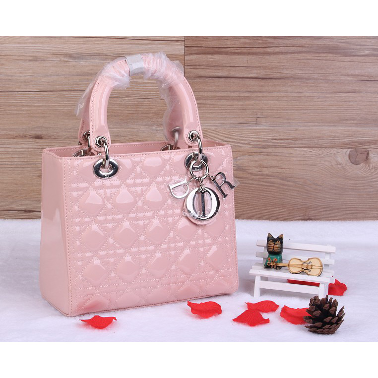 Lady Dior Bag Patent leather D1655 Cherry pink with Silver