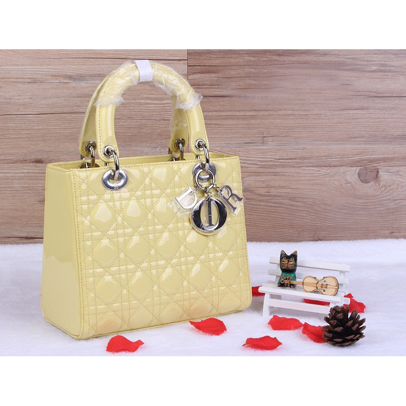 Lady Dior Bag Patent leather D1655 Lemon with Silver