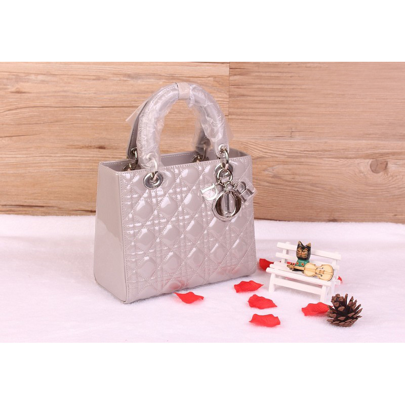 Lady Dior Bag Patent leather D1655 Pearly Gray with Silver