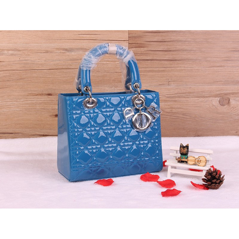 Lady Dior Bag Patent leather D1655 SkyBlue with Silver