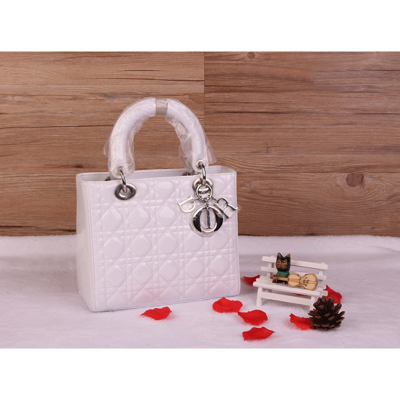 Lady Dior Bag Patent leather D1655 White with Silver