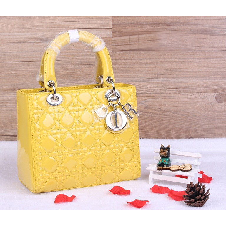 Lady Dior Bag Patent leather D1655 Yellow with Silver