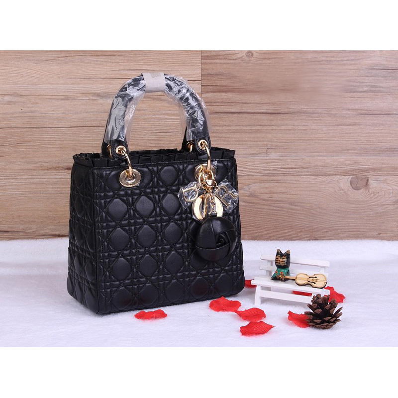 Lady Dior Bag Sheepskin Bag D1655 Black with Gold