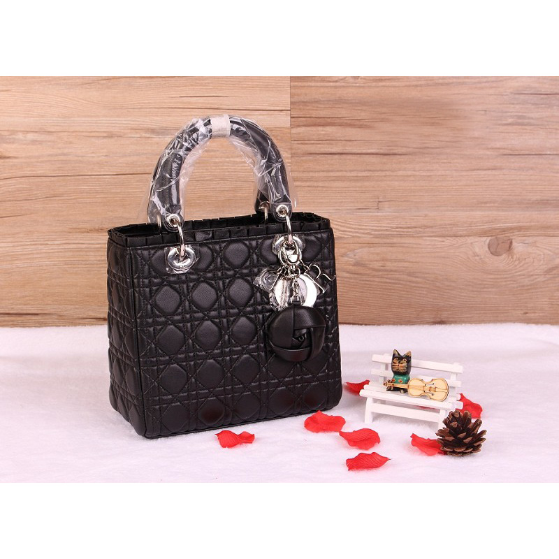 Lady Dior Bag Sheepskin Bag D1655 Black with Silver