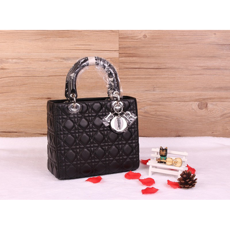 Lady Dior Bag Sheepskin Bag D1655 Black with Silver