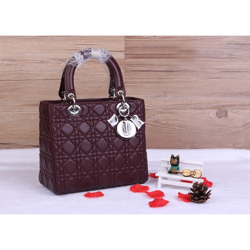 Lady Dior Bag Sheepskin Bag D1655 Burgundy with Silver