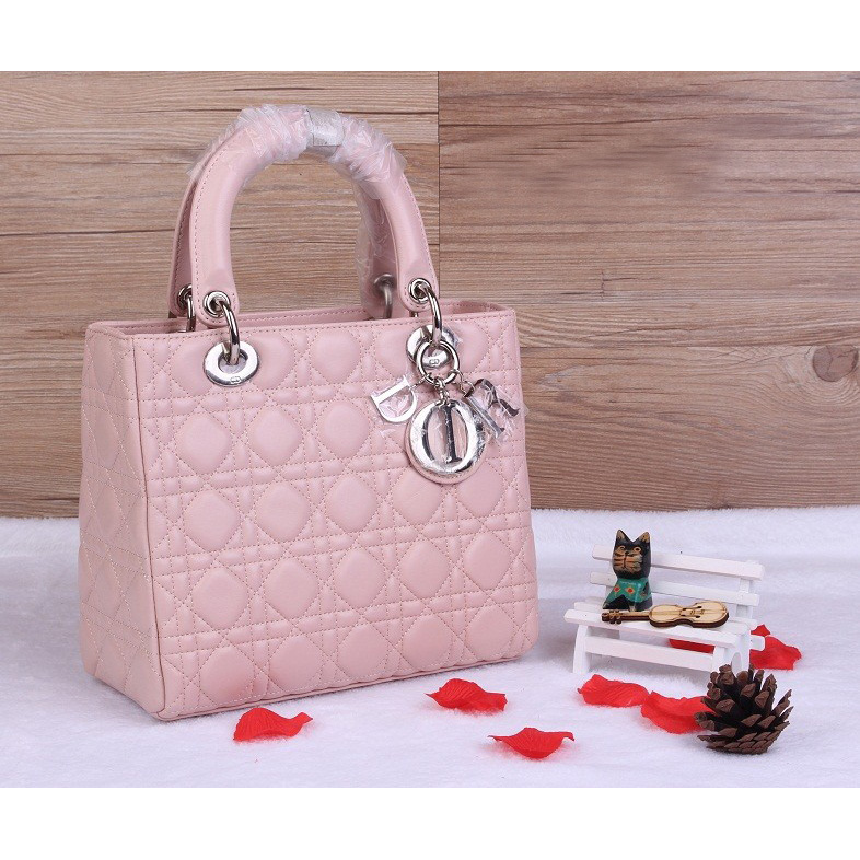 Lady Dior Bag Sheepskin Bag D1655 Cherry pink with Silver