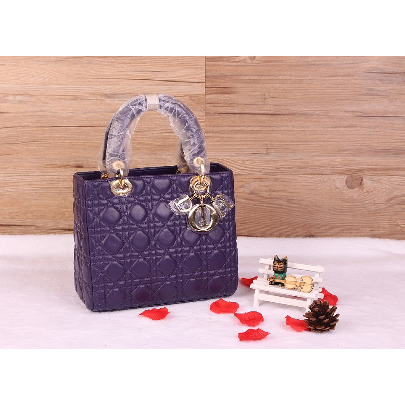 Lady Dior Bag Sheepskin Bag D1655 DarkPurple with Gold