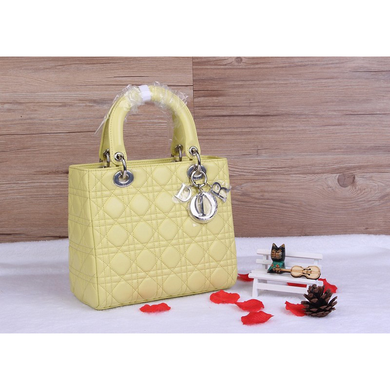 Lady Dior Bag Sheepskin Bag D1655 Lemon with Silver