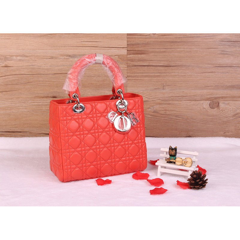 Lady Dior Bag Sheepskin Bag D1655 OrangeRed with Silver